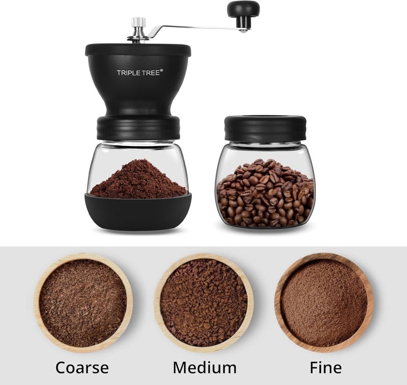 Zaboro Manual Coffee Grinder with Ceramic Burrs and Lengthen Stainless Steel Handle, Hand Coffee Mill with 2 Glass Jars(11oz each), Brush and Tablespoon Scoop, Coffee Bean Grinder for Home, Camping, Black - Image 3